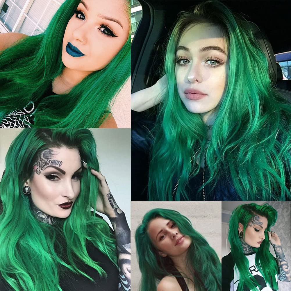 Swiking Long Curly Green Wig for Women Charming Long Wavy Heat Resistant Fiber Synthetic Hair for Cosplay Halloween Party Use(Green)