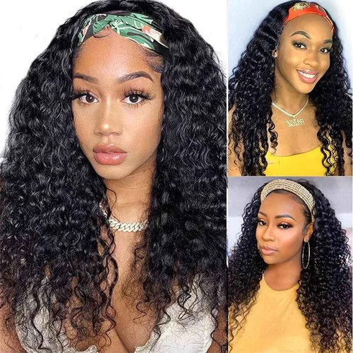 WENYAN Headband Wig Human Hair Deep Wave 12 Inch Wigs for Black Women Glueless None Lace Front Curly Wave Wig Brazilian Virgin Hair Wear and Go Wigs Machine Made 150% Density Natural Color