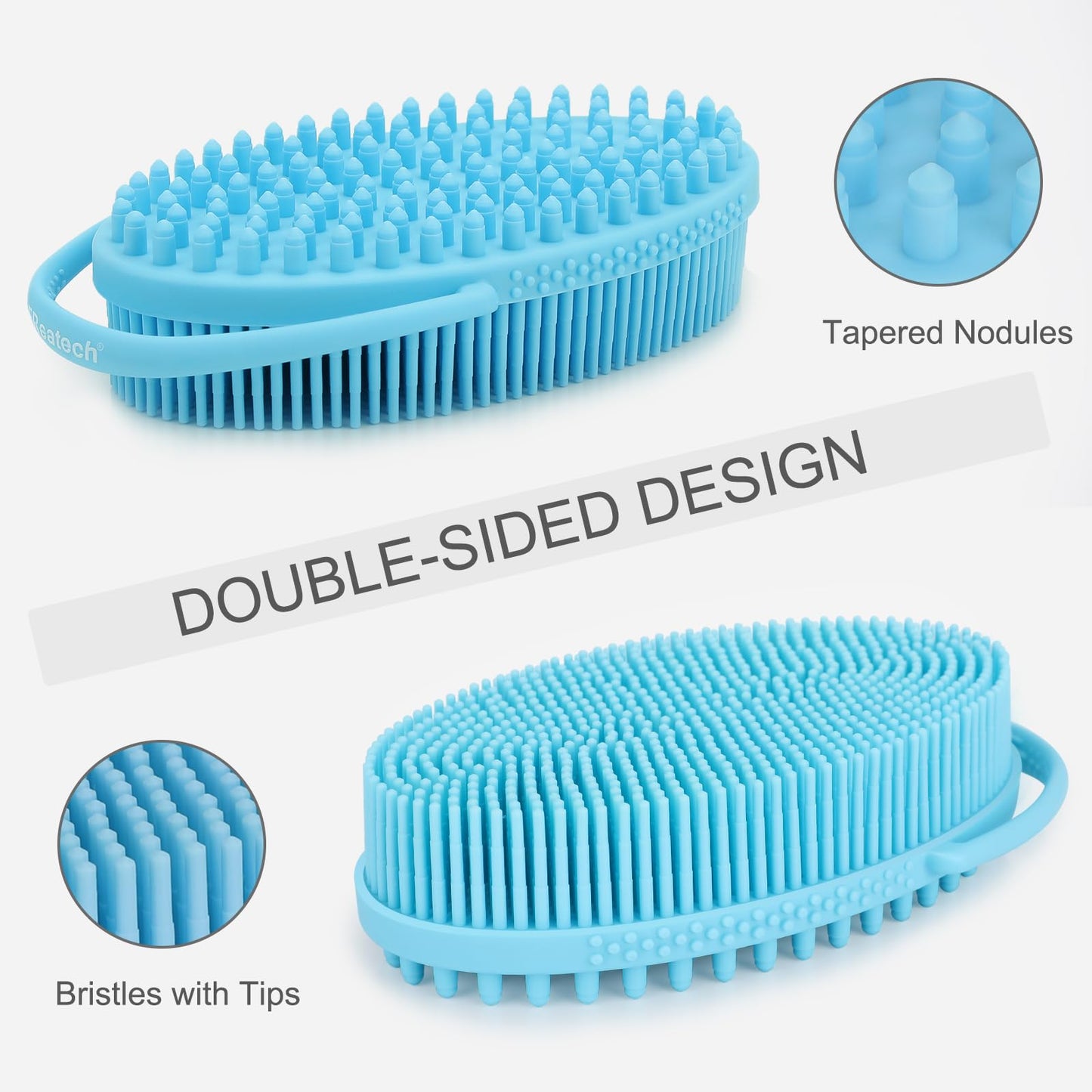 FREATECH Silicone Body Scrubber with Loop Handle, Gentle Exfoliating Body Cleansing Brush for Use in The Shower or Bath, More Hygienic Than Loofah, Easy to Clean, Long-Lasting, Light Blue