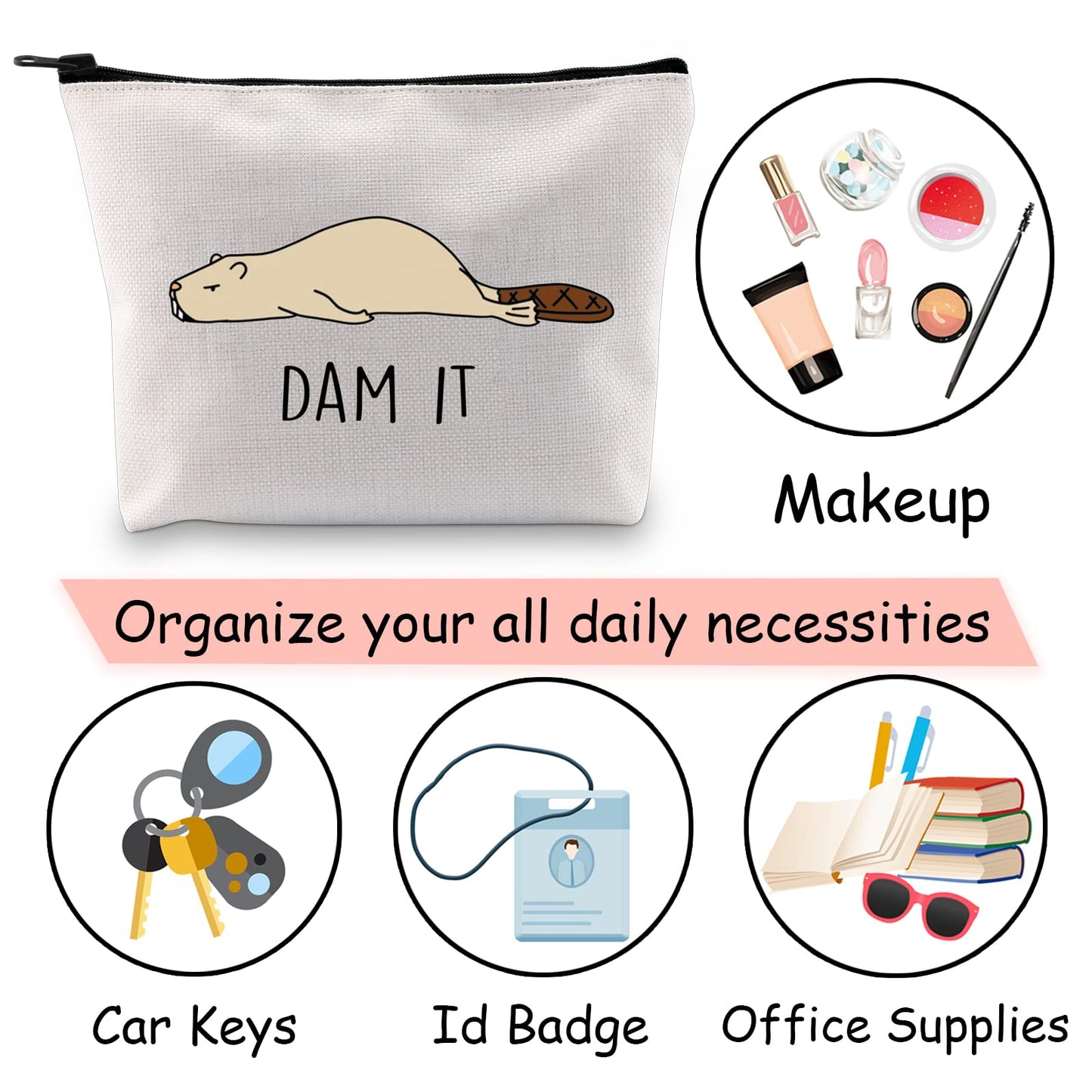 JXGZSO Funny Beaver Cosmetic Bag Beaver Lover Gift Rodent Beaver Dam It Makeup Pouch Bag