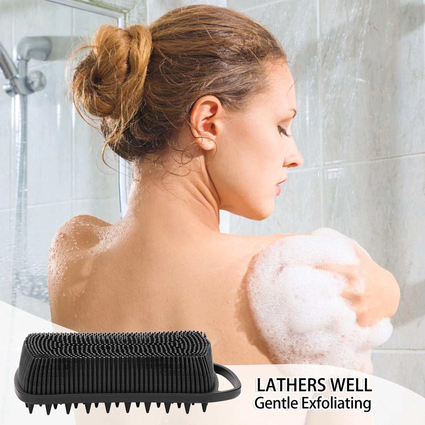 2 Pack Silicone Exfoliating Body Scrubber, 2 in 1 Body Brush & Hair Scalp Brush for Shower and Bath, Soft Silicone Loofah, Easy to Clean with Optimal Lathering (Black, Green)