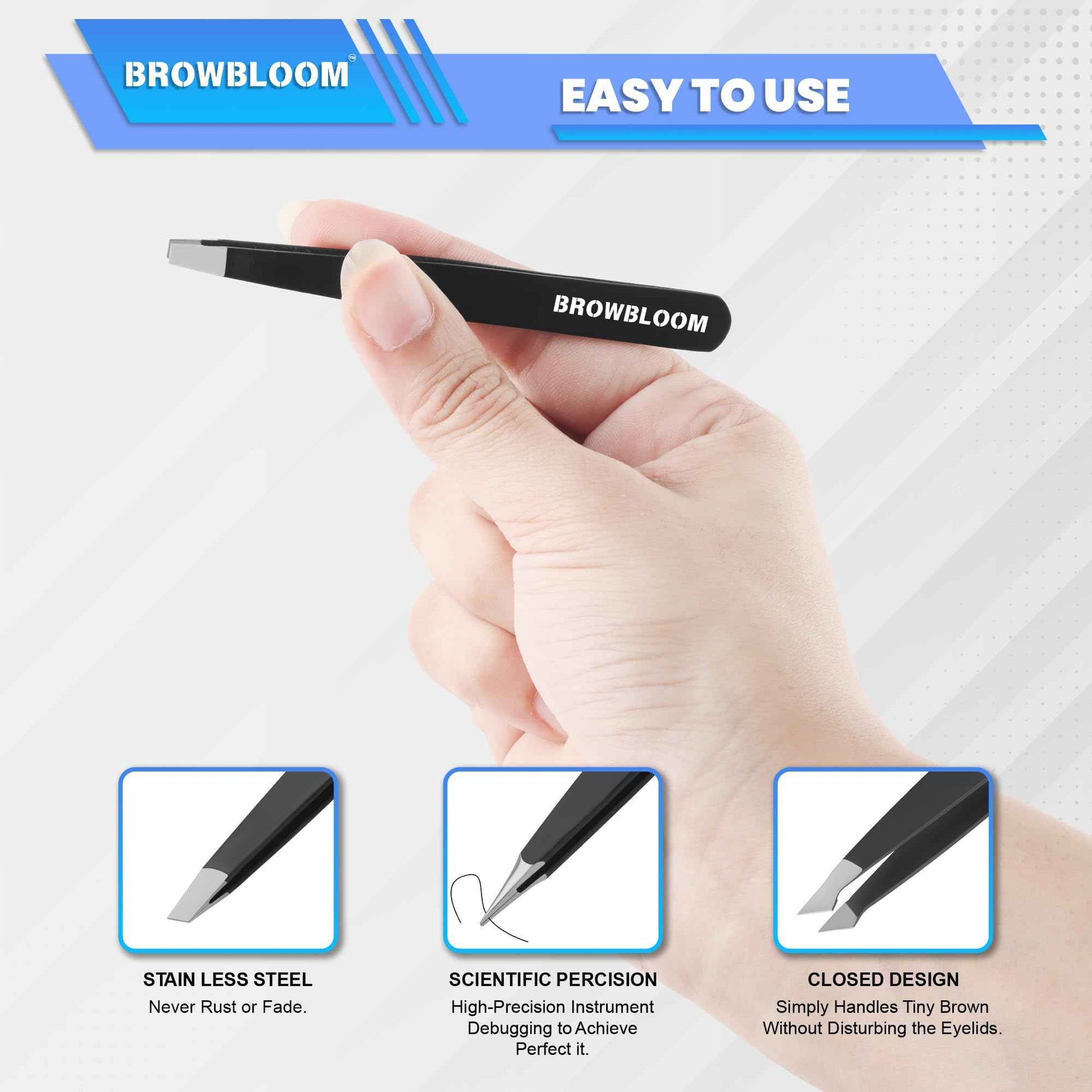 BROWBLOOM 4Piece Set of Professional Tweezers for Women Facial Hair, Black Stainless Steel Precision Tweezer for Ingrown Hair, Eyebrow Tweezers for Men Comes in Carrying Pouch (Black Set)