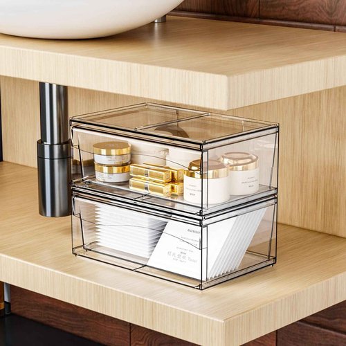 4 Pack Clear Stackable Storage Drawers,12"W Large Bathroom Makeup Organizer and Pen,Sunglass,Medicine,Baby Bottle Organizer,Plastic Pull Out Storage Bins for Desk,Under Cabinets,Vanity Countertop