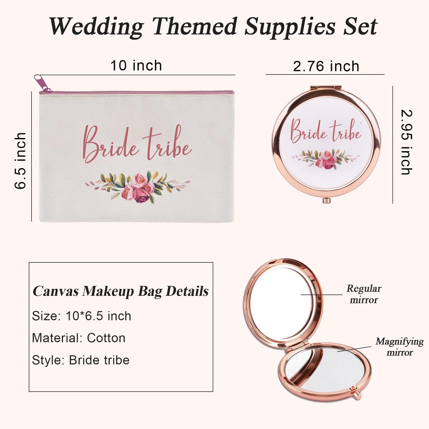 CARAKNOTS 2 Pcs Bride Tribe Gifts Bride Tribe Makeup Bag Wedding Bachelorette Party Gifts for Bride Tribe Bridal Shower Gifts for Team Bride Cotton Cosmetic Toiletry Bag with Compact Mirror