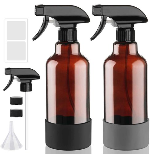 Glass Amber Spray Bottles with Silicone Sleeve, 2 Pack 16.9oz Refillable Containers with Adjustable Spray Nozzles, Empty Spray Bottle for Cleaning Solutions, Hair, Plants, Essential Oils (Black+Grey)