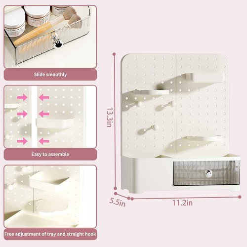 Weidace Makeup Organizer for Vanity, Aesthetic Cosmetic Storage Rack with Drawer and Pegboard Hooks, Adjustable Shelves Skincare Organizer for Bathroom Countertop, Cream White