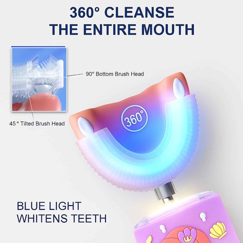 Geacker Kids Electric Toothbrush, U Shaped Toothbrush Kids Sonic Automatic Brush with 5 Brush Head 6 Sonic Clean Modes IPX7 Waterproof Mermaid Design Rechargeable Smart Timer for Children 2-7