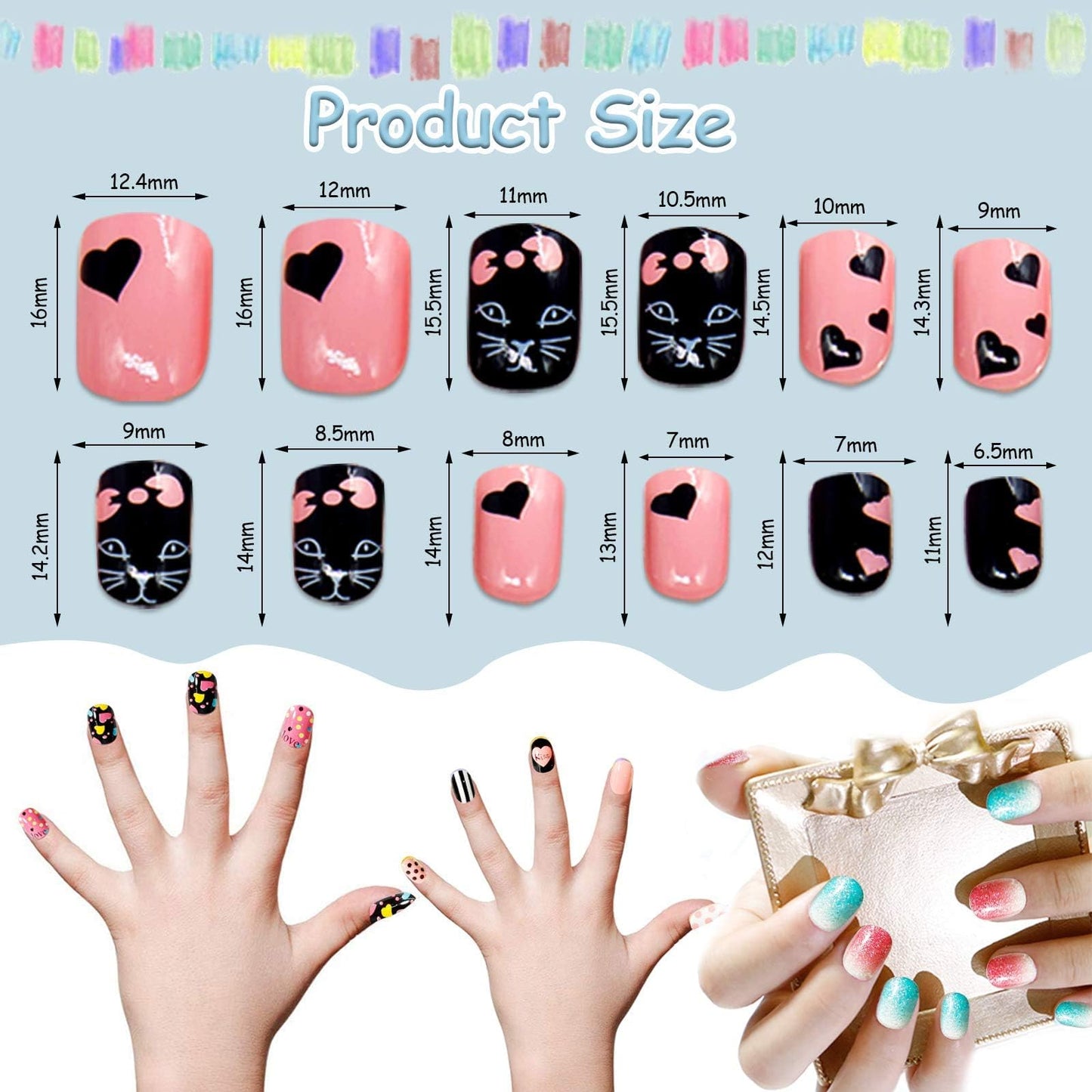 Kalolary 288PCS kids False Nail, Press on Pre-glue Full Cover Candy Pattern Short False Nail Kits with 48PCS Nail Adhesive Tabs, Valentine's Day Lovely Gift for Kids Little Girls Nail Art Decoration