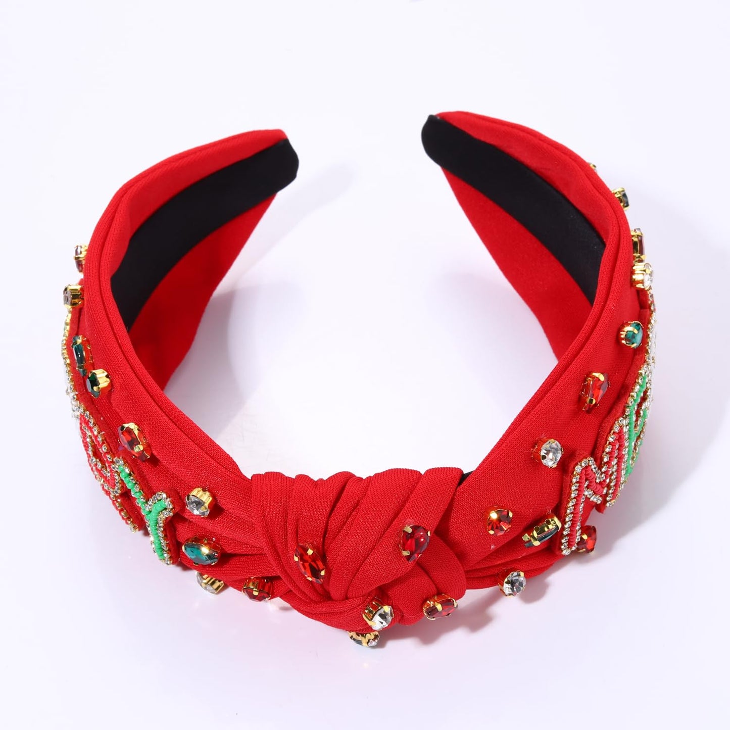 NVENF Christmas Headband for Women Jeweled Xmas Plaid Headband Embellished Crystal Pearl Knotted Headbands Wide Top Knot Holiday Headband Christmas Hair Accessories Holiday Outfits Gifts (MERRY Red)