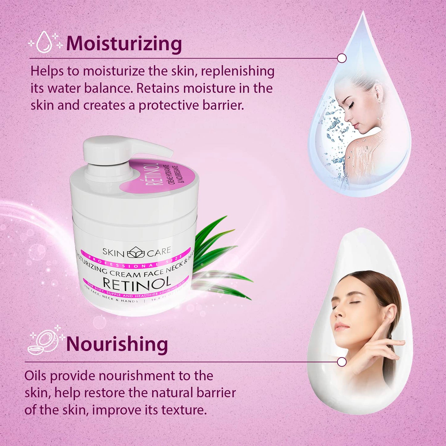 Skin Care Retinol 3-in-1 Moisturizer Face Cream, Neck and Hands - Treatment for Crepey Texture, Wrinkles and Sagging - Daily Lotion for All Skin Types - 16.9 fl. oz.