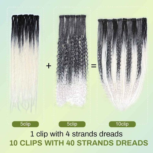 Pouweney 10PCS Clip in Dreadlock Extensions Full Sets, 24 inch Synthetic Clip Dreads Extensions Handmade Soft(gray/white, Clip-in 40 Strands)