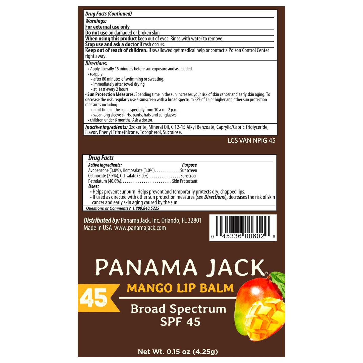 Panama Jack Sunscreen Lip Balm - SPF 45, Broad Spectrum UVA-UVB Sunscreen Protection, Prevents & Soothes Dry, Chapped Lips, Mango, 2-pack