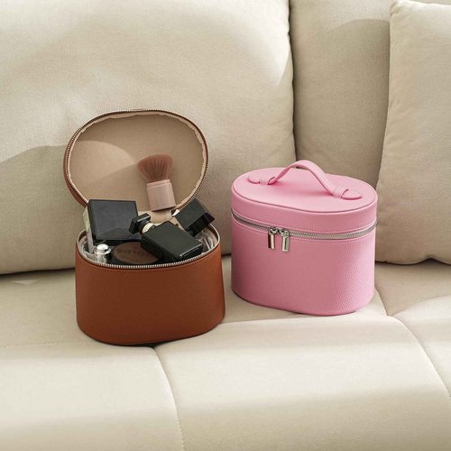 Makeup Bag Vanity Case with Divider and Handle, Aesthetic Makeup Bags, Waterproof PU Leather Toiletry Bag for Women Girls, Portable Cosmetic Organizer Bag (01Brown)