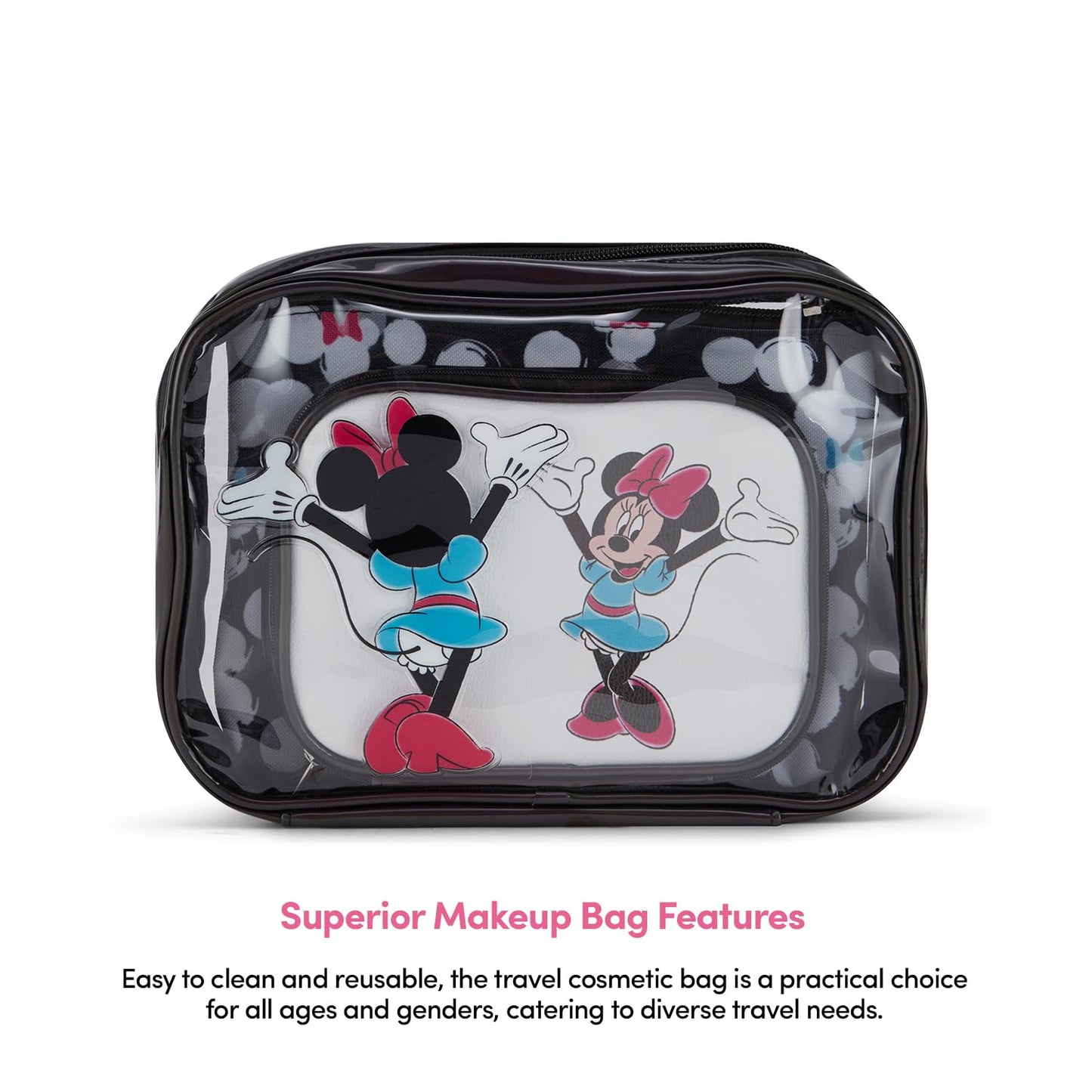 Mickey Mouse Cosmetic Case Set - Officially Licensed Mickey and Minnie Mouse Travel Cosmetic Case 3 Piece Set - Girls, Boys, Teens, Adults (Black Minnie)