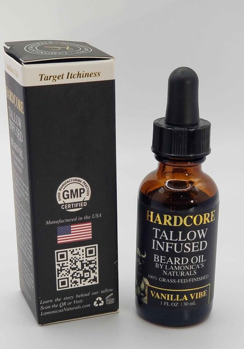 LAMONICA'S NATURALS Beard Oil for Men –TALLOW-INFUSED, Softens & Moisturizes Beard – Organic Sanadalwood + USDA Vanilla Scent – Veteran-Owned Grooming – HARDCORE