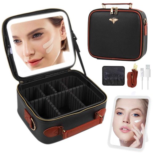 GERYUAEG Travel Makeup Bag with Mirror of LED Lighted, Rechargeable Cosmetic Train Case Artist Makeup Organizer for Women with Adjustable Dividers, Makeup Brushes Holder and Strap (CosMirr-Black02)