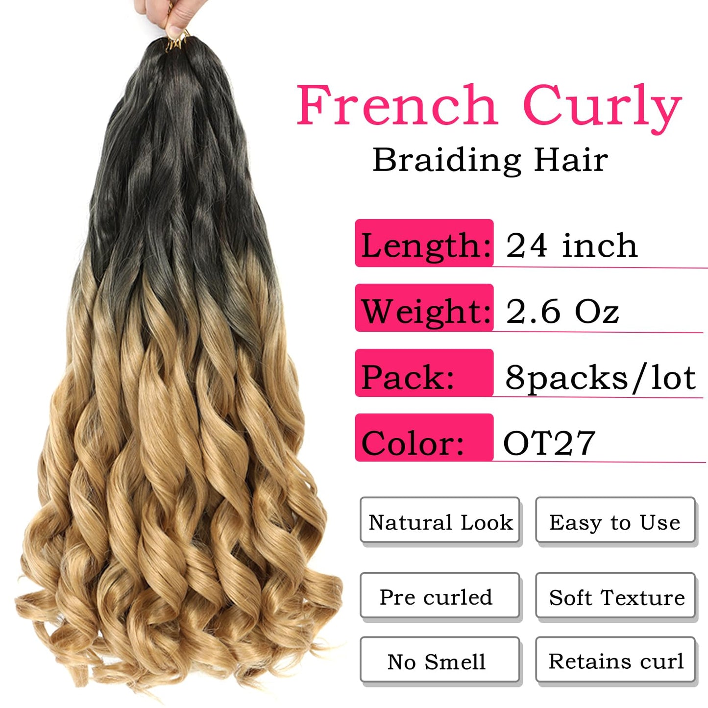 French Curly Braiding Hair 24 Inch 8 Packs - Pre Stretched Bouncy Braiding Hair- Loose Wavy Braiding Hair Synthetic Hair Extensions For Black Women(24 inch 8 packs, OT/27)