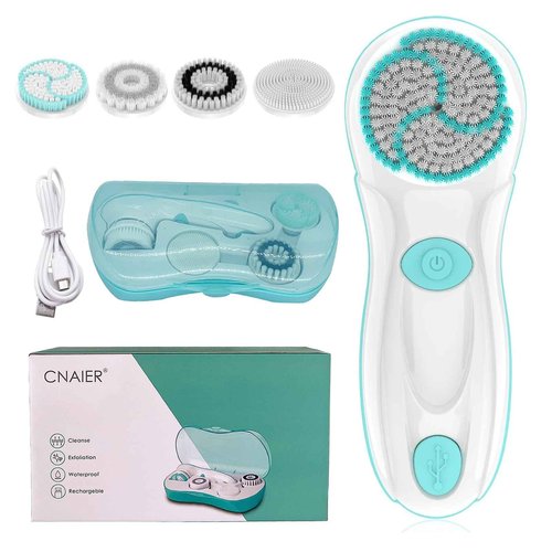 Facial Cleansing Brush, Electric Face Scrubber with 4 Cleanser Heads and 2 Speeds Adjustable for Deep Cleaning, Portable Rechargeable and Waterproof Face Wash Brush for Women & Men (Green)