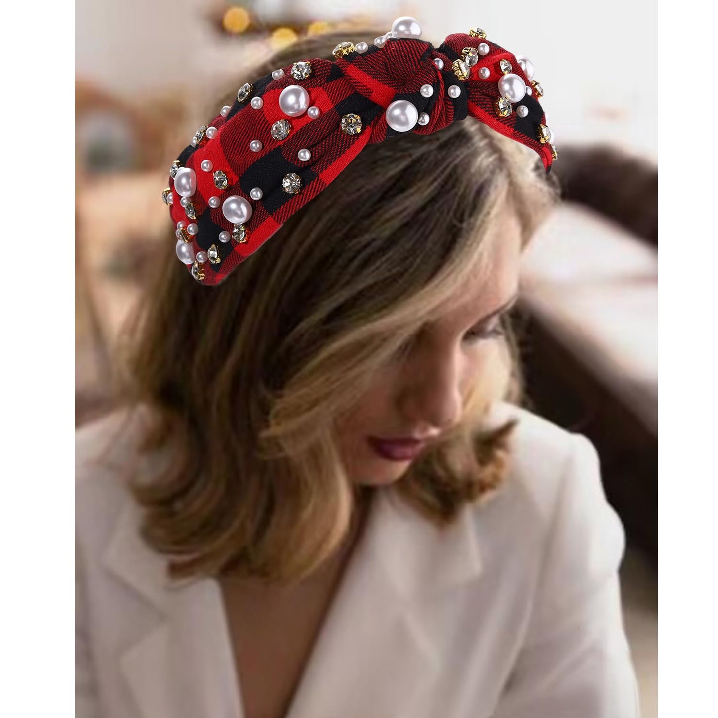 NVENF Christmas Headband for Women Jeweled Xmas Plaid Headband Embellished Crystal Pearl Knotted Headbands Wide Top Knot Holiday Headband Christmas Hair Accessories Holiday Outfits Gifts (Red)