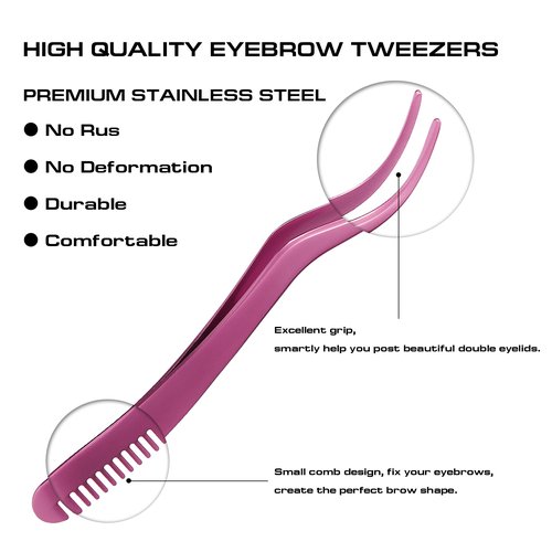2 in 1 Lash Tweezer with Comb, Stainless Steel Elbow Tweezers, Eyelash Extension, Precise Eyebrow Tweezers Tool, Lashes Tweezer Applicator for DIY Applying False Eyelashes Clusters, Rose