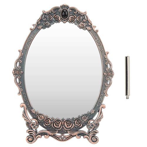 HEEPDD Vintage Rose Embossed Oval Cosmetic Mirror with Stand, Copper, 11x7.9 Inch, for Home Bedroom Bathroom