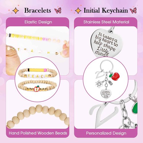 WINOWIMO Personalized Teacher Appreciation Gifts for Women, Thank You Graduation Gifts with Teacher Makeup Bag, Initial Cute Keychain, Teach Bracelets and Thank You Card (J)