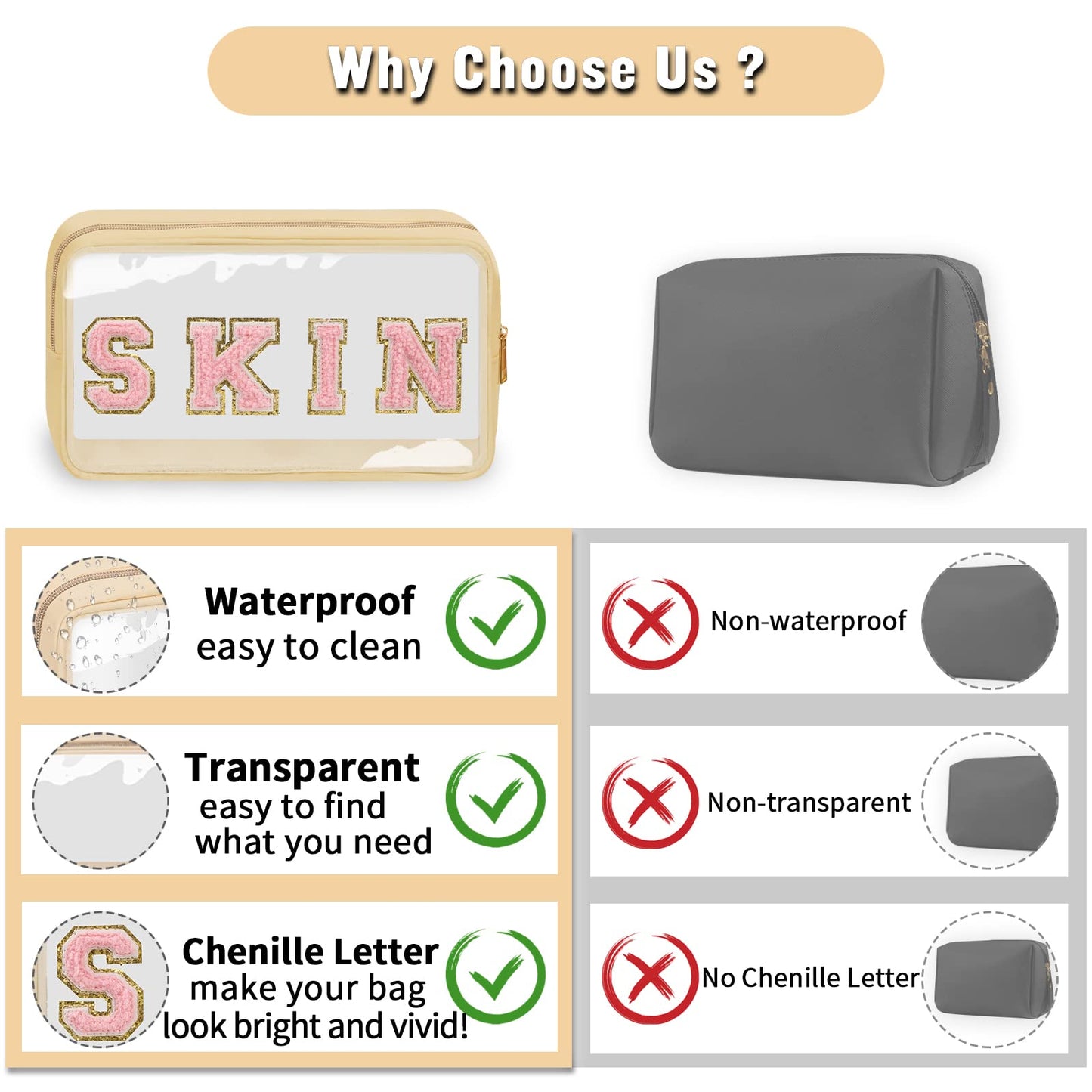 Chenille Letter Clear Makeup Bags Skin Pouch, Preppy Patch Makeup Bag with Zipper, Transparent PVC & Nylon Waterproof Portable Glitter Cosmetic Bag Travel Toiletry Storage for Women Girl(SKIN-Beige)