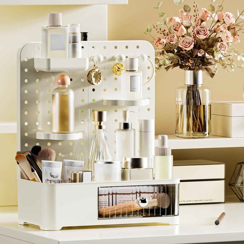 Weidace Makeup Organizer for Vanity, Aesthetic Cosmetic Storage Rack with Drawer and Pegboard Hooks, Adjustable Shelves Skincare Organizer for Bathroom Countertop, Cream White