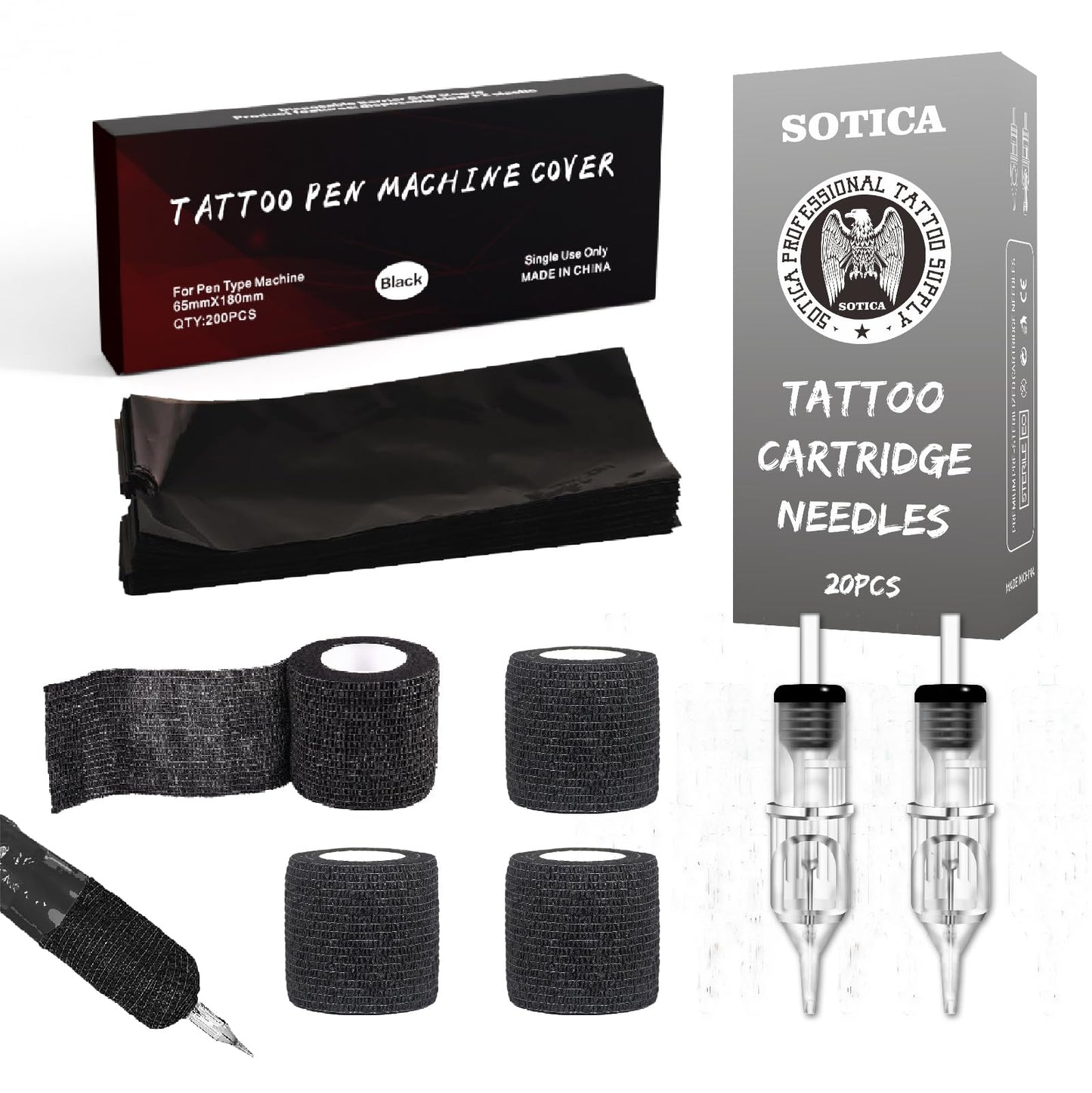 SOTICA Tattoo Pen Covers with Grip Tape and Roud Liners - 200pcs Tattoo Machine Covers Black Tattoo Gun Wrap with 4pcs Tattoo Grip Wrap and 20pcs RL 10pcs 1203 RL with 10pcs 1205RL Tattoo Practice Kit