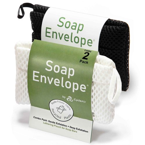 Soap Envelope Soap Bag 100% Recycled - Soap Saver Pouch, Loofah Bath Scrubber for Bar Soap + Exfoliator (2-Pack Combo, Gentle and Deep Exfoliation)