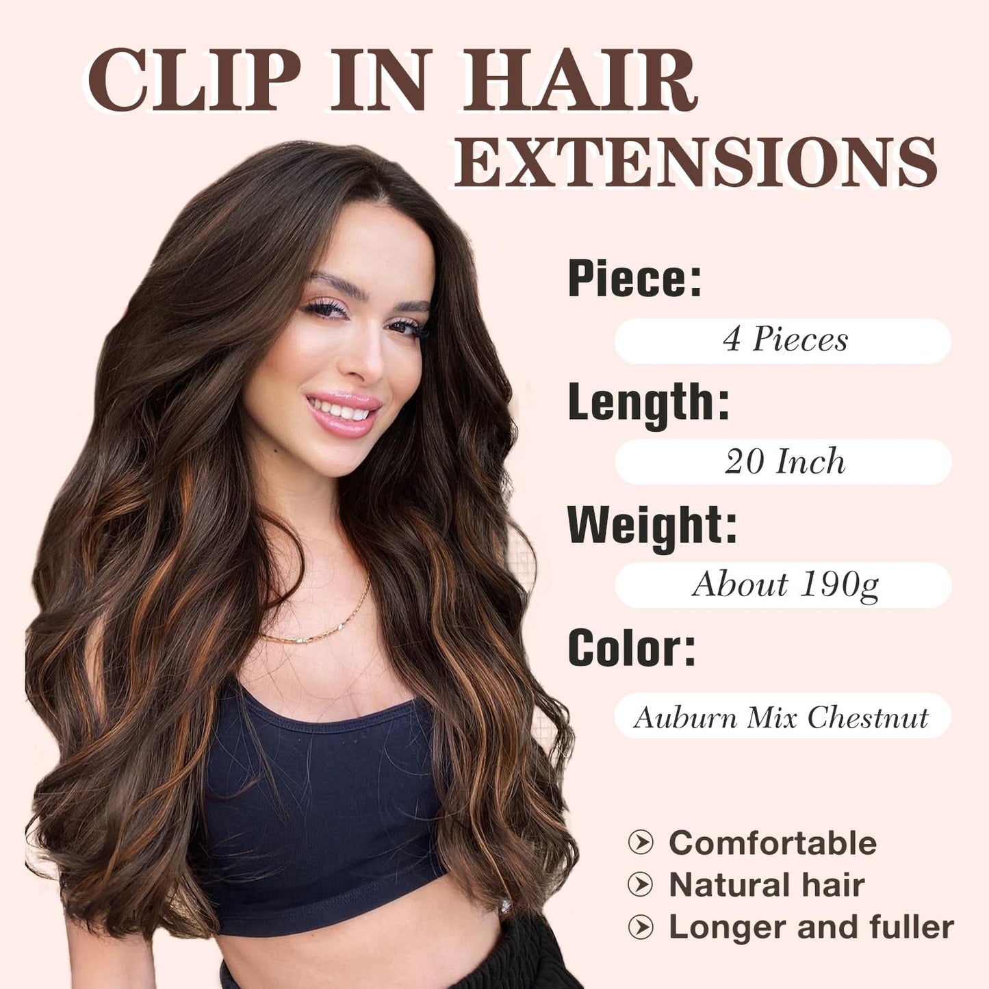 NAYOO Clip in Curly Hair Extensions 4PCS Long Wavy Synthetic Thick Hairpieces with Fiber Double Weft for Women Hair Full Head (20 Inch, Auburn Mix Chestnut)