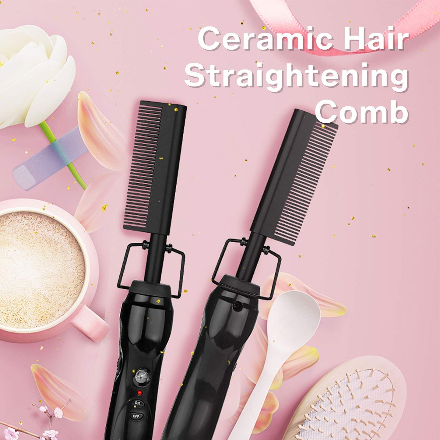 Homfu Electric Hot Comb Hair Straightener Brush Ceramic Curler Pressing Comb Flat IronCurling Designed Hair Straighteneing Brush for Natural Black,Anti-Scald Wig Beard Straightener Press Comb