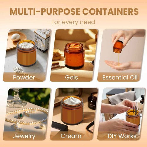 UPBUD 4 oz Amber Glass Jars with Lids - 32 Pack Brown Cosmetic Containers with Stickers & 4 Spoons, Wide-Round Smooth Mouth, Sealable for Creams, Essential Oils, Body Butter, Travel Samples