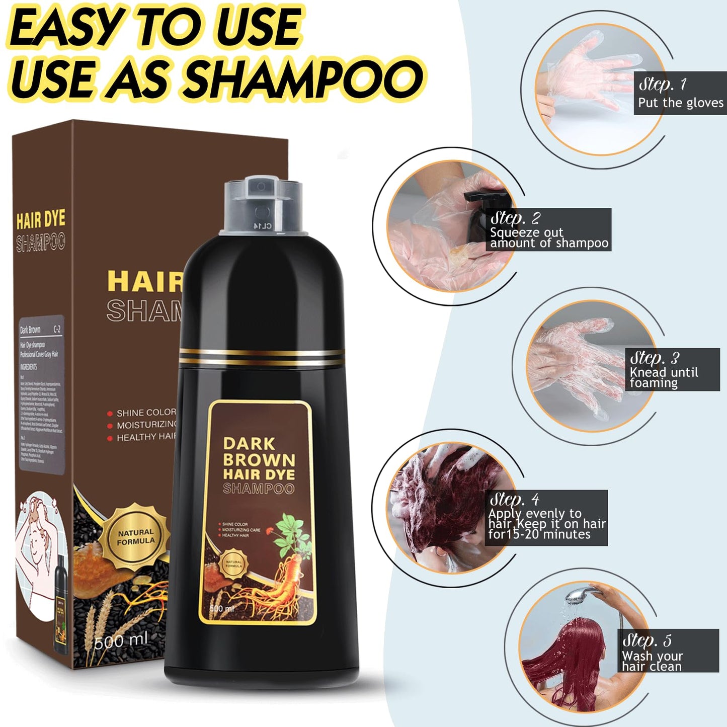 Sminktec Dark Brown Hair Dye Shampoo 3 in 1, Herbal Shampoo Hair Dye for Women Men(Dark Brown)