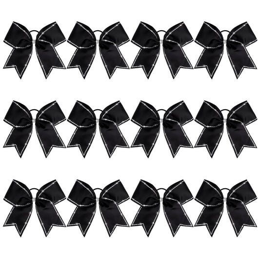 CEELGON 8" Large Rhinestones Cheer Bows 12 PCS Glitter Cheer Bows Handmade Elastic Band Girls Hair Bows for Cheerleaders Girls Softball Sports Competition (Black)