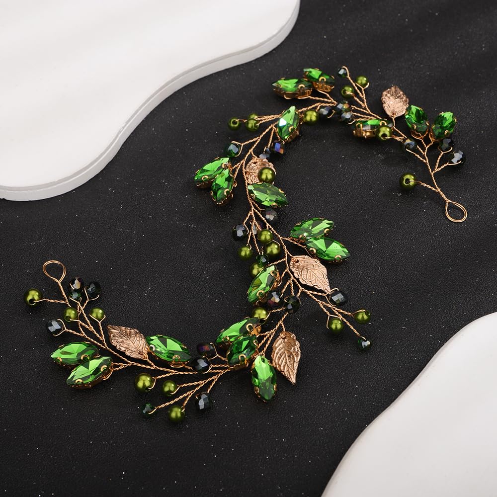 Teyglen Bride Wedding Hair Vine Bridal Gold Leaf Crystal Headband Handmade Green Red Black Rhinestone Pearl Hair Pieces Headpieces Hair Accessories for Bride Women Girls (Green)