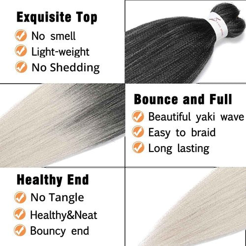8 Packs Pre Stretched Braiding Hair, 48 Inch Braiding Hair Pre Stretched Yaki Texture, Hot Water Setting, Easy To Install Professional Synthetic Ombre Braiding Hair(1B/Silver)