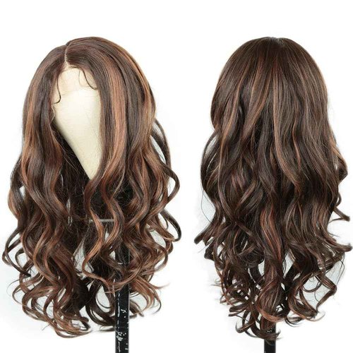 goodear 13x6 Lace Front Wig Long Brown Highlight Wavy Wig for Women 24 Inch Middle Part Curly Wavy Wig Natural Looking Synthetic Heat Resistant Fiber Wig for Daily Party Use