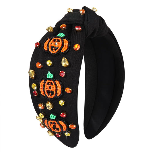 MOLOCH Halloween Headband Spooky Beaded Pumpkin Knotted Headband Jeweled Crystal Embellished Headband Black Halloween Costume Headwear Hair Accessories