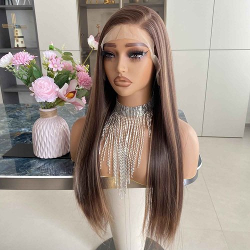 Carkira Long Brown Wig with Blonde Highlight 13x6 Lace Front Wigs Ombre Dark Root Silk Straight Synthetic Fiber 24Inch Pre Plucked for Women Girls