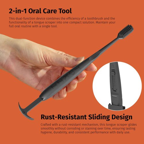 TOKII Tongue Scraper Cleaner Charcoal Bristles Toothbrush for Bad Breath with Waterproof Pouch for Travel, Hygienic Stand and Enviromentally Friendly (Black, Pack of 1)