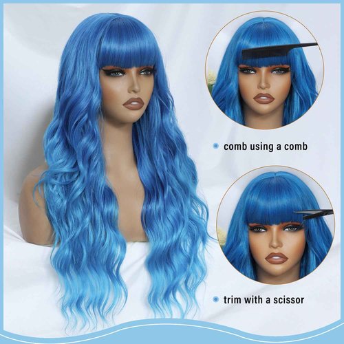 Ombre Blue Wig with Bangs for Women, Long Wavy Blue Wig 26 Inch Wigs Heat Resistant Synthetic Colorful Wig