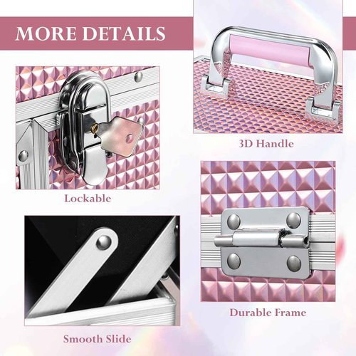 Joligrace Large Makeup Box Organizer, 12 Inch Makeup Train Case with Mirror, Cosmetic Travel Case with 3 Trays, Lockable Train Case for Makeup Artists & Nail Tech Supplies Pink