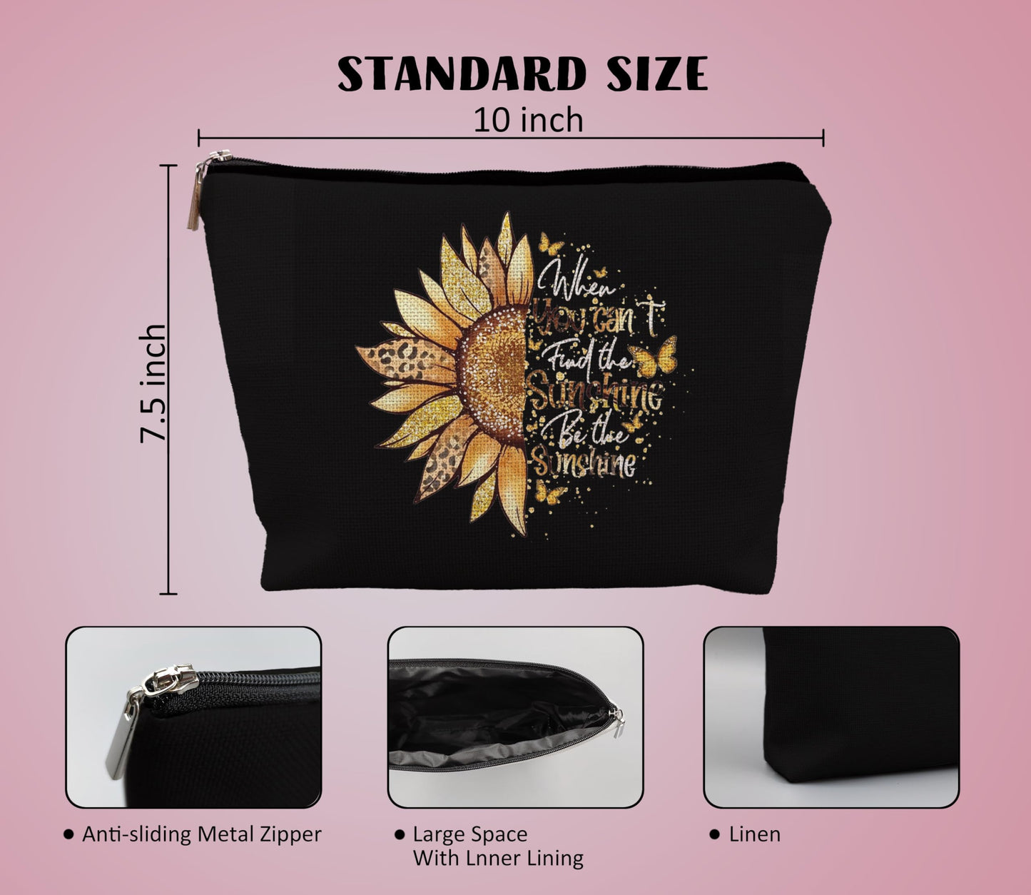 uinwk Positive Affirmations Makeup Bag,Sunflower Black Makeup Bag Cosmetic Bag,Sunflower Gifts For Women,Sunshine Makeup Bag,Inspirational Gift For Women Sister Daughter Best Friend