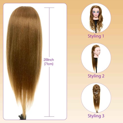 Mannequin Head with 80% Real Human Hair with Tripod Stand - 28" Makeup Cosmetology Manikin Doll Head for Hair Styling, Hairdressing Training Head for Braiding Practice Suitable for Hair Extensions