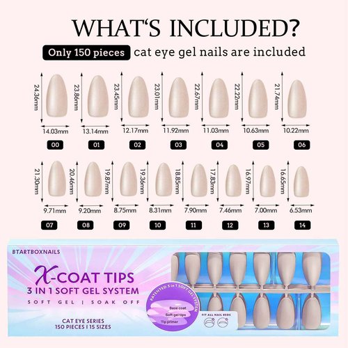 BTArtboxnails Cat Eye XCOATTIPS - Soft Gel Almond Nail Tips, Glitter Press On Nails Medium, Soak Off Acrylic Fake Nails Glue On Nails In 15 Sizes - 150 Nail Extension Set, Aurora
