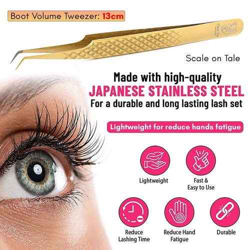 Fiber Tip Lash Tweezer 45 Degree Tip – Non Slip Diamond Grip, Precision Stainless Steel Eyelash Extension Tool, Professional Volume & Classic Lash Applicator for Salon and Home Use (Gold)