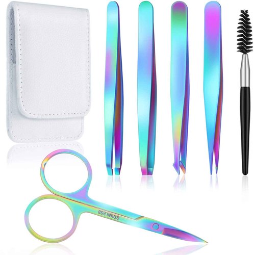 Honoson 6 Pcs Eyebrow Tweezers Set for Women Precision Tweezer for Eyebrows with Curved Scissors Eyelash Brush Girls Facial Hair Plucking Daily Beauty Tools with Leather Storage Case(Rainbow Color)