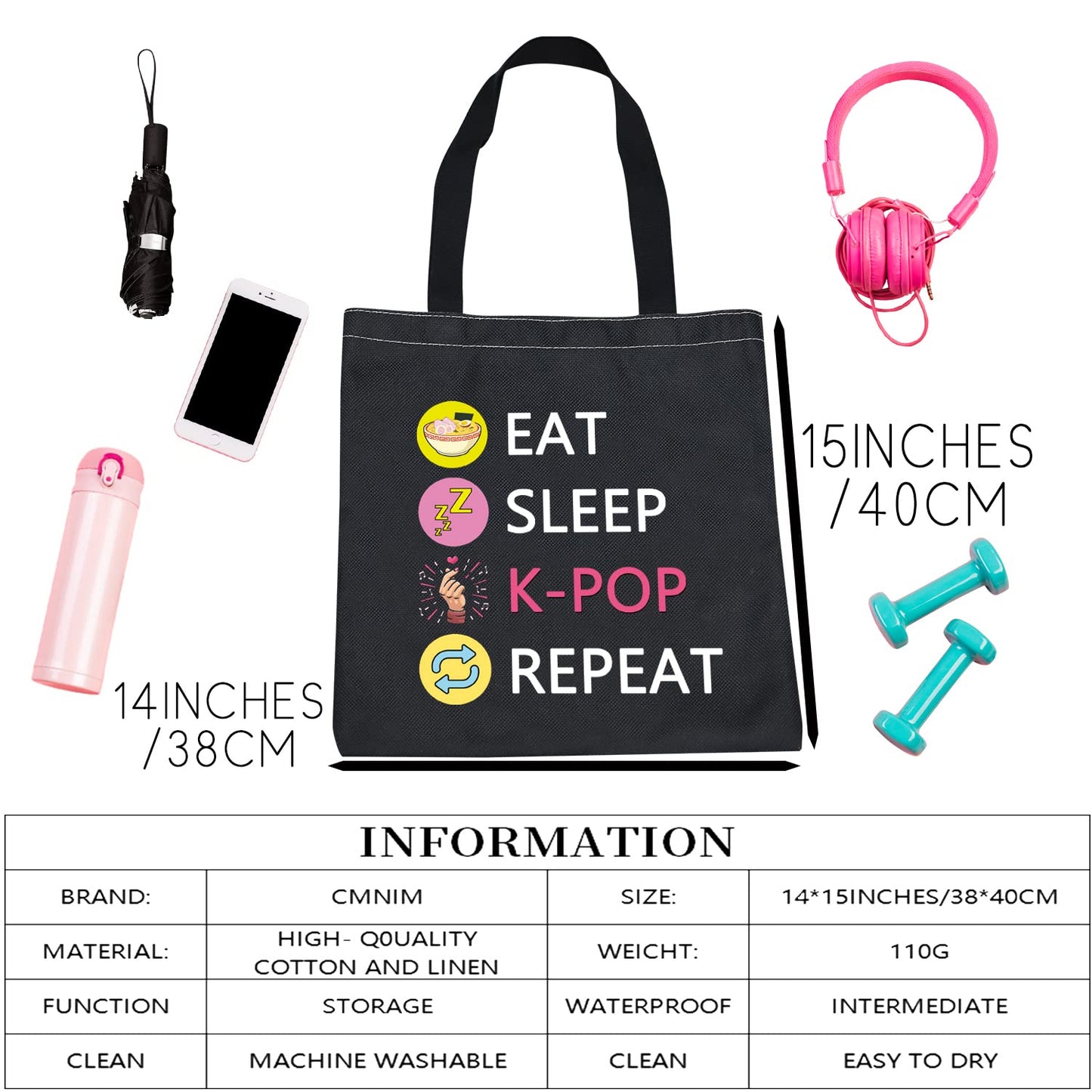 CMNIM K-POP Makeup Bag Eat Sleep K-POP Repeat Travel Pouch K-pop Merchandise Gift for Women Girl (Eat Sleep K-POP Repeat Black TB)