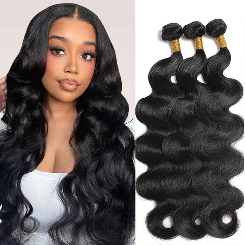 XEILOHO 12A Human Hair Bundle 14 14 14 Inch Body Wave Bundles Human Hair 100% Unprocessed Brazilian Virgin Remy Hair 3 Bundles Real Natural Black Wavy Hair Extensions